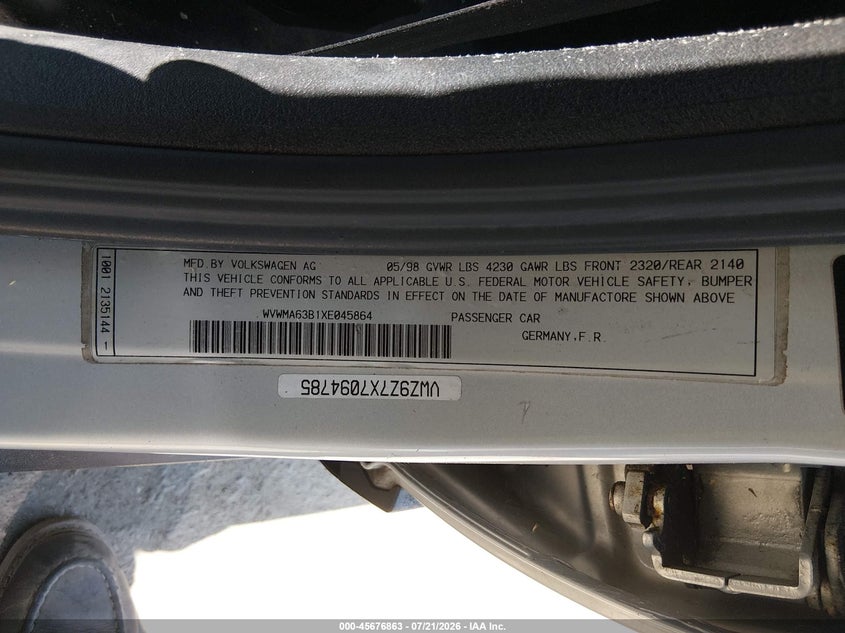 1999 Volkswagen Passat Gls VIN: WVWMA63B1XE045864 Lot: 45676863