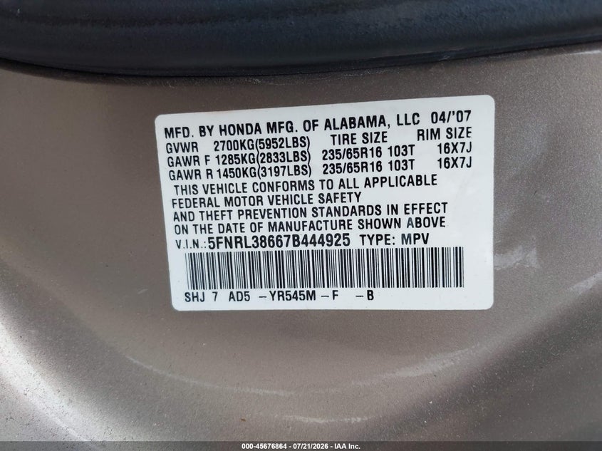 2007 Honda Odyssey Ex-L VIN: 5FNRL38667B444925 Lot: 45676864