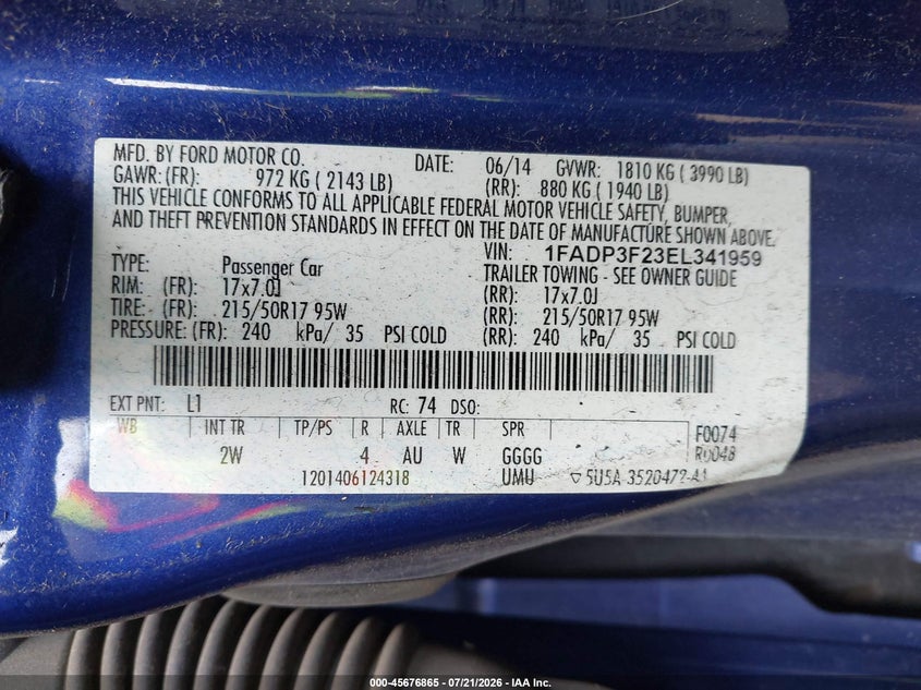 2014 Ford Focus Se VIN: 1FADP3F23EL341959 Lot: 45676865