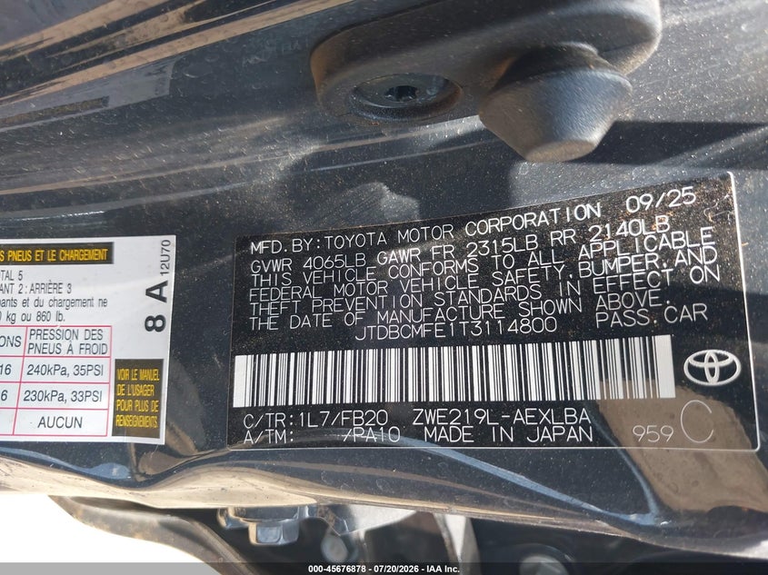 2026 Toyota Corolla Hybrid Hybrid Le VIN: JTDBCMFE1T3114800 Lot: 45676878