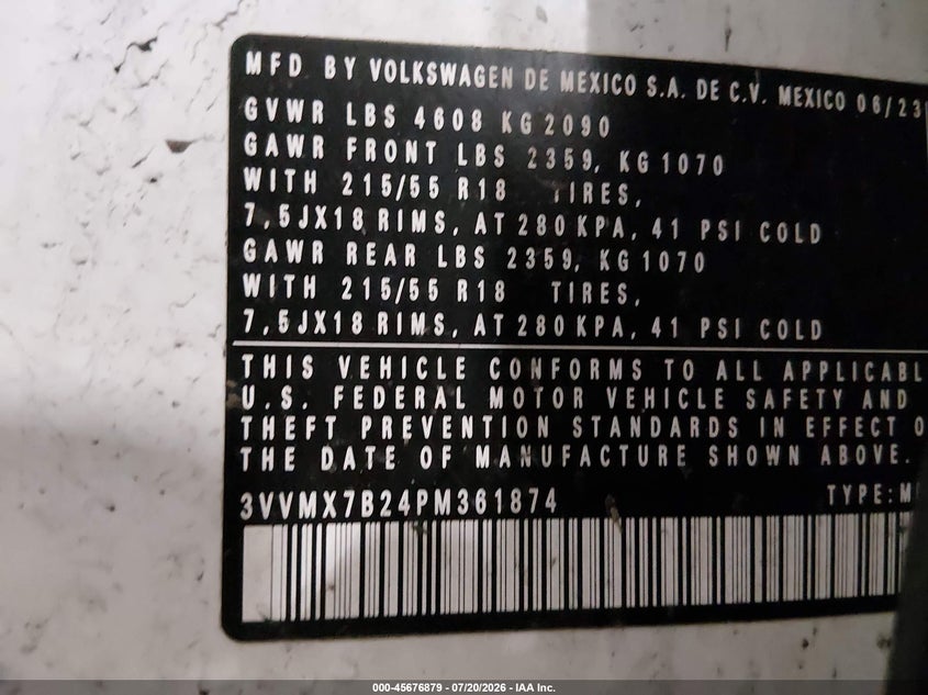 2023 Volkswagen Taos 1.5T S VIN: 3VVMX7B24PM361874 Lot: 45676879