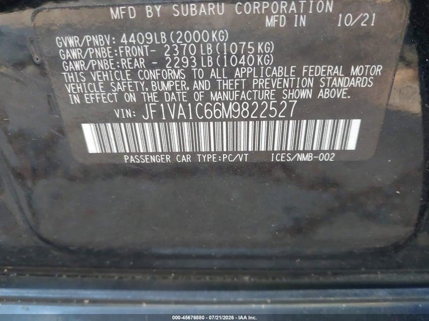 2021 Subaru Wrx Premium VIN: JF1VA1C66M9822527 Lot: 45676880