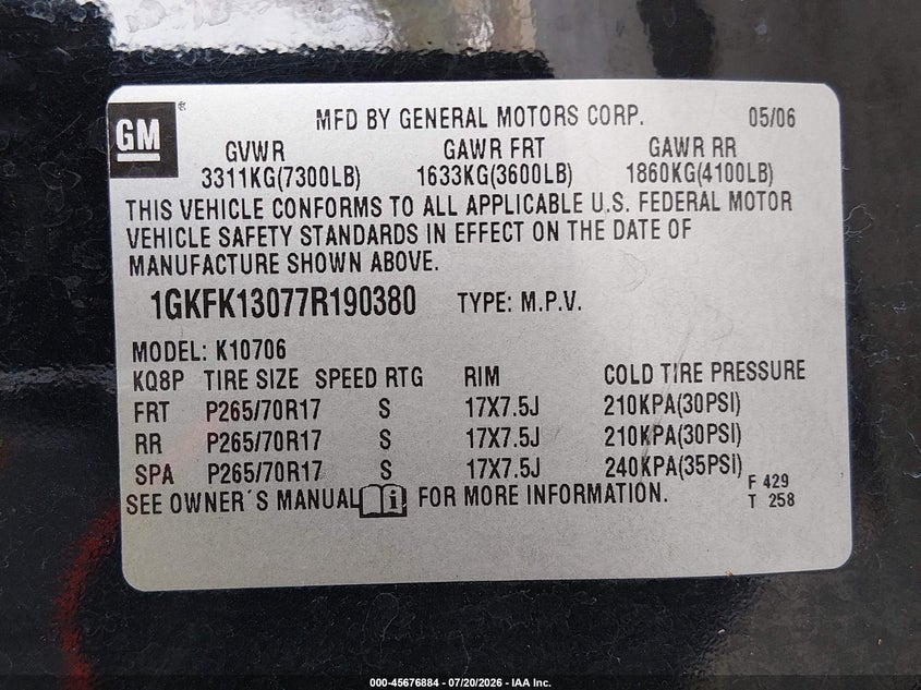 2007 GMC Yukon Slt VIN: 1GKFK13077R190380 Lot: 45676884