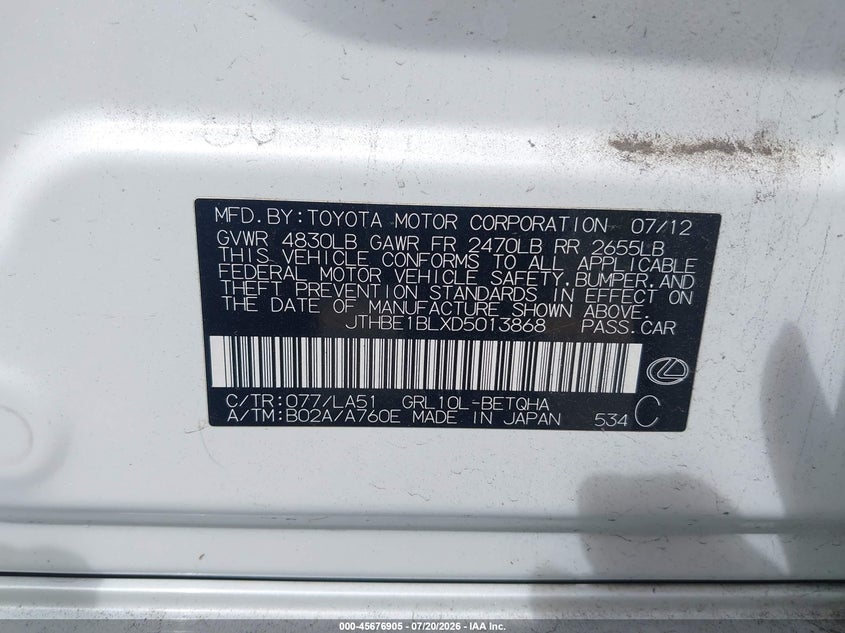 2013 Lexus Gs 350 VIN: JTHBE1BLXD5013868 Lot: 45676905