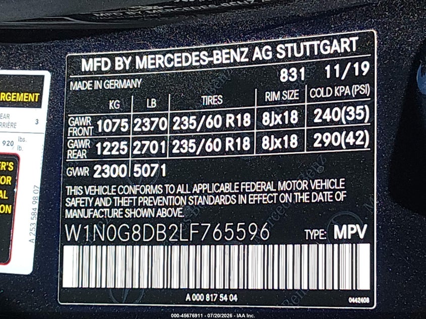 2020 Mercedes-Benz Glc 300 VIN: W1N0G8DB2LF765596 Lot: 45676911