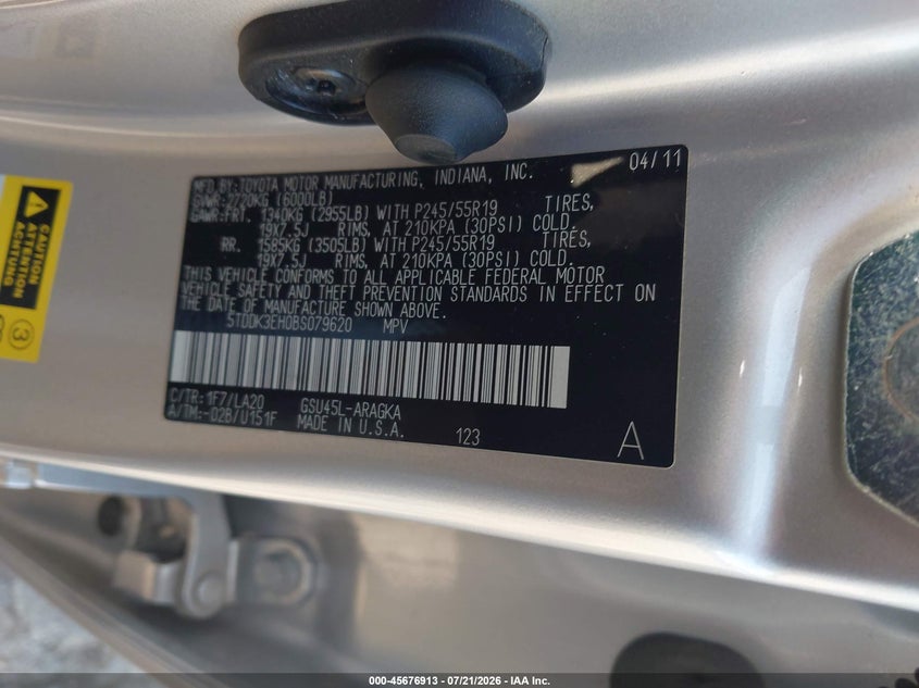 2011 Toyota Highlander Limited V6 VIN: 5TDDK3EH0BS079620 Lot: 45676913