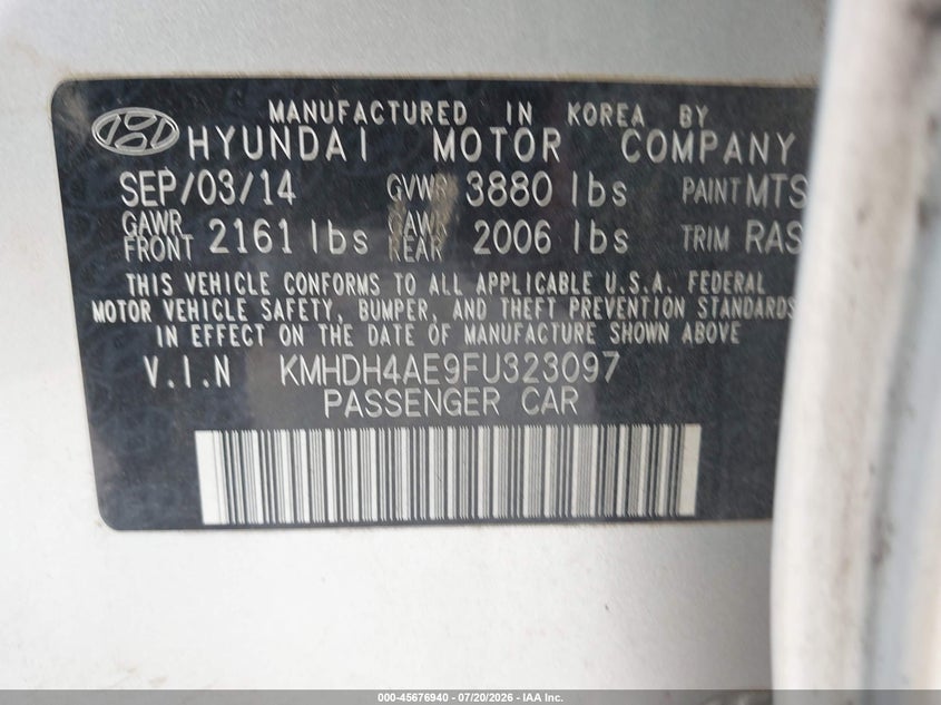 2015 Hyundai Elantra Limited VIN: KMHDH4AE9FU323097 Lot: 45676940