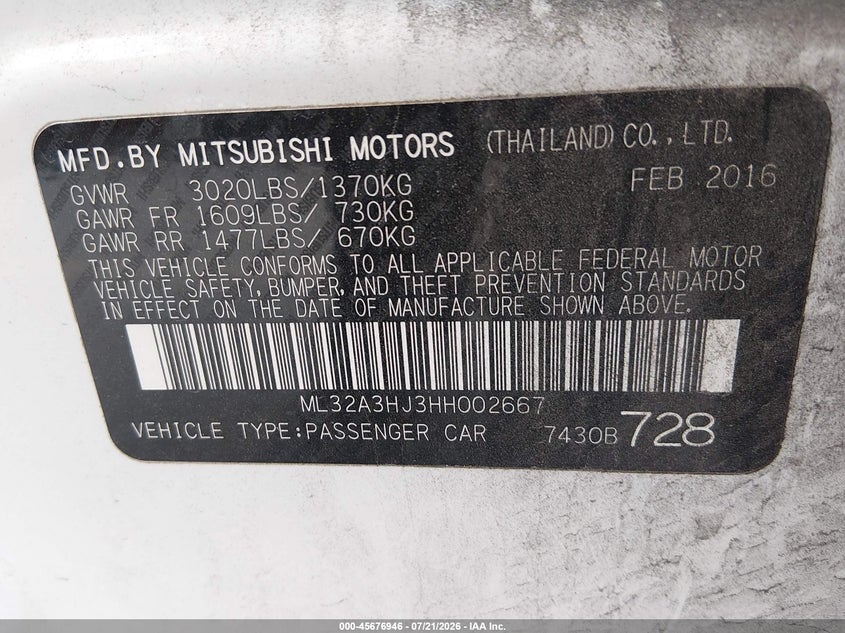2017 Mitsubishi Mirage Es VIN: ML32A3HJ3HH002667 Lot: 45676946