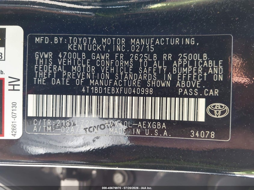 2015 Toyota Avalon Hybrid Xle Premium VIN: 4T1BD1EBXFU040998 Lot: 45676970