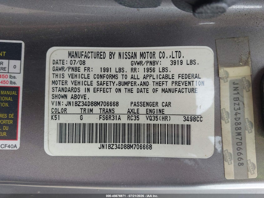 2008 Nissan 350Z Touring VIN: JN1BZ34D88M706668 Lot: 45676971