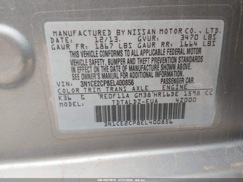 2014 Nissan Versa Note S (Sr)/S Plus/Sv VIN: 3N1CE2CP8EL400856 Lot: 45676979