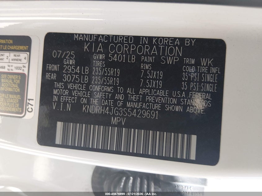 2025 Kia Sorento Hybrid Ex VIN: KNDRH4JG3S5429691 Lot: 45676999