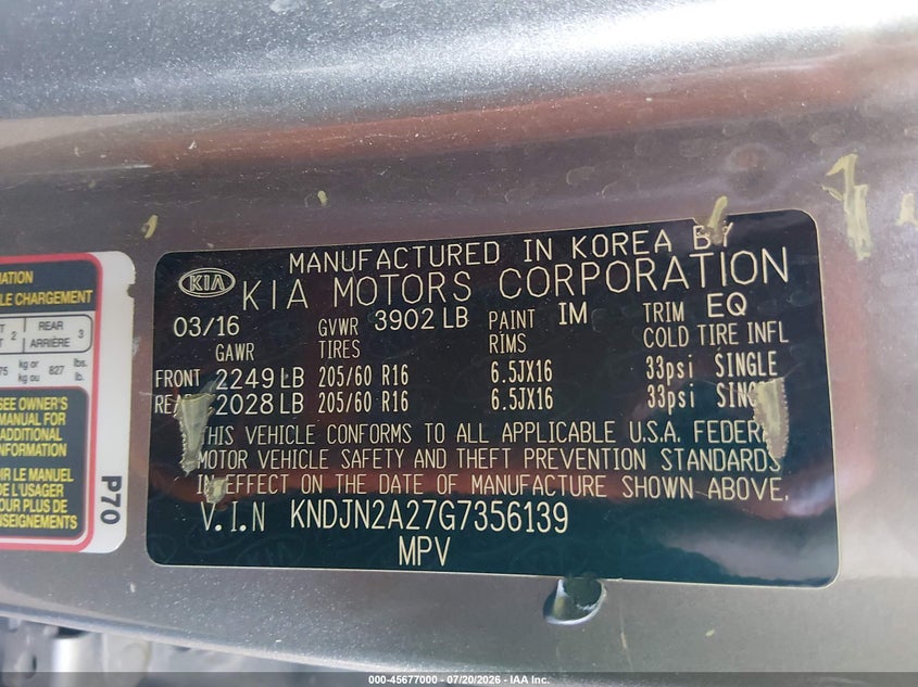 2016 Kia Soul VIN: KNDJN2A27G7356139 Lot: 45677000