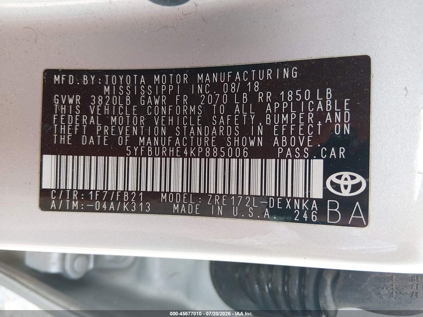 2019 Toyota Corolla Le VIN: 5YFBURHE4KP885006 Lot: 45677010