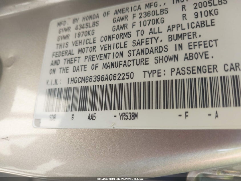 2006 Honda Accord 3.0 Lx VIN: 1HGCM66396A062250 Lot: 45677019