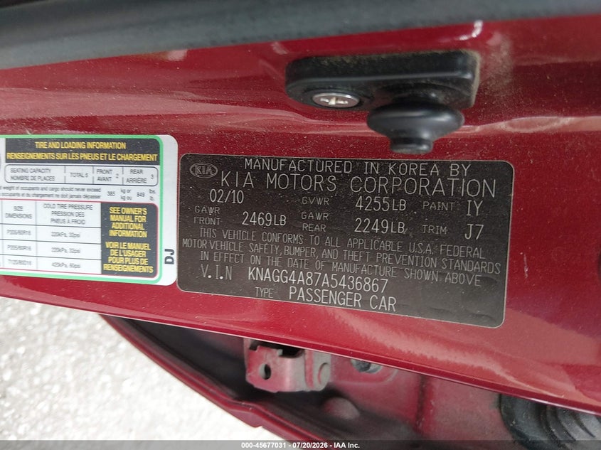 2010 Kia Optima Lx VIN: KNAGG4A87A5436867 Lot: 45677031