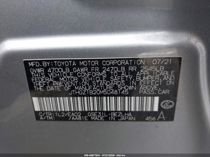 2021 Lexus Is 350 F Sport VIN: JTHGZ1B20M5048145 Lot: 45677041