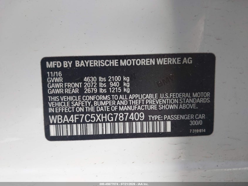 BMW 430I GRAN COUPE 2017 VIN WBA4F7C5XHG787409