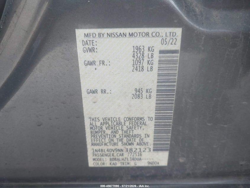 2022 Nissan Altima Sv Fwd VIN: 1N4BL4DV9NN382123 Lot: 45677090