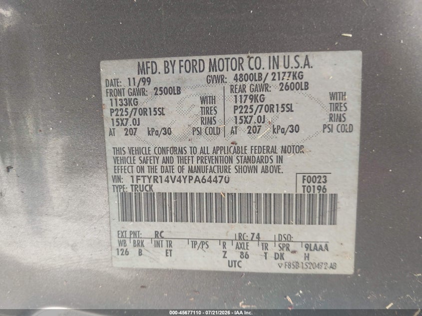 2000 Ford Ranger Xl/Xlt VIN: 1FTYR14V4YPA64470 Lot: 45677110