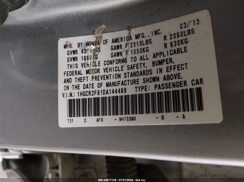 2013 Honda Accord Ex-L VIN: 1HGCR2F81DA144489 Lot: 45677139