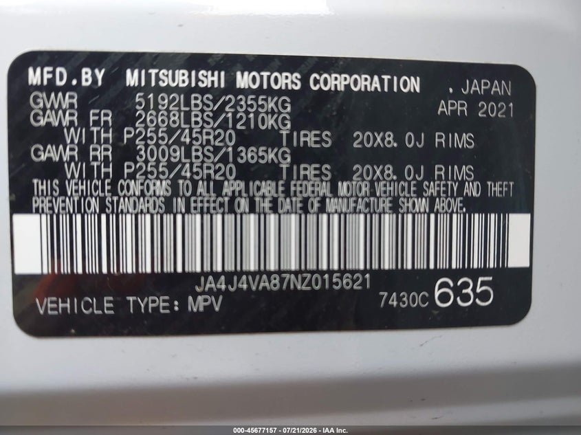 2022 Mitsubishi Outlander Sel 2.5 S-Awc/Sel Launch Edition S-Awc/Sel Special Edition S-Awc VIN: JA4J4VA87NZ015621 Lot: 45677157