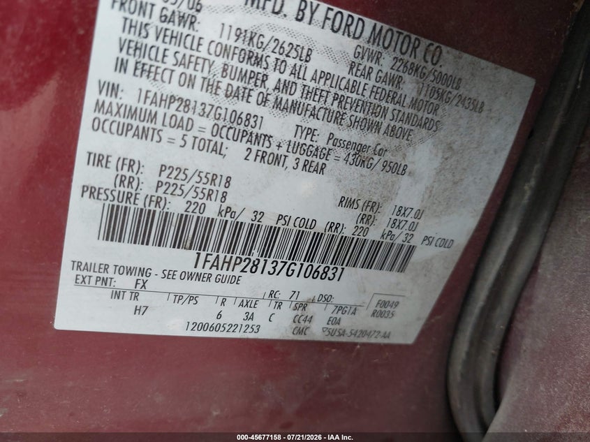 2007 Ford Five Hundred Limited VIN: 1FAHP28137G106831 Lot: 45677158