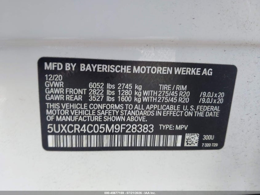 BMW X5 2021 VIN 5UXCR4C05M9F28383