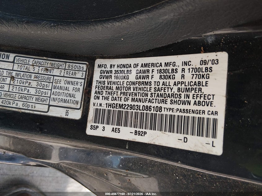 2003 Honda Civic Ex VIN: 1HGEM22903L086108 Lot: 45677168