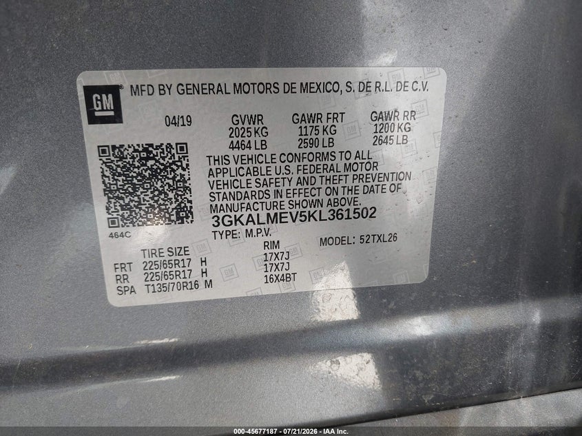 2019 GMC Terrain Sle VIN: 3GKALMEV5KL361502 Lot: 45677187