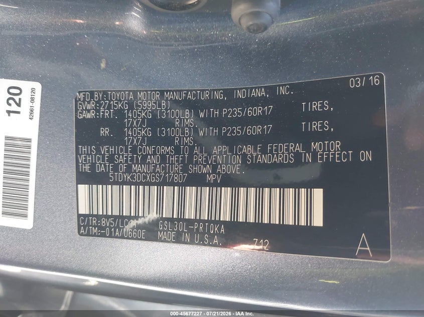 2016 Toyota Sienna Xle 8 Passenger VIN: 5TDYK3DCXGS717807 Lot: 45677227