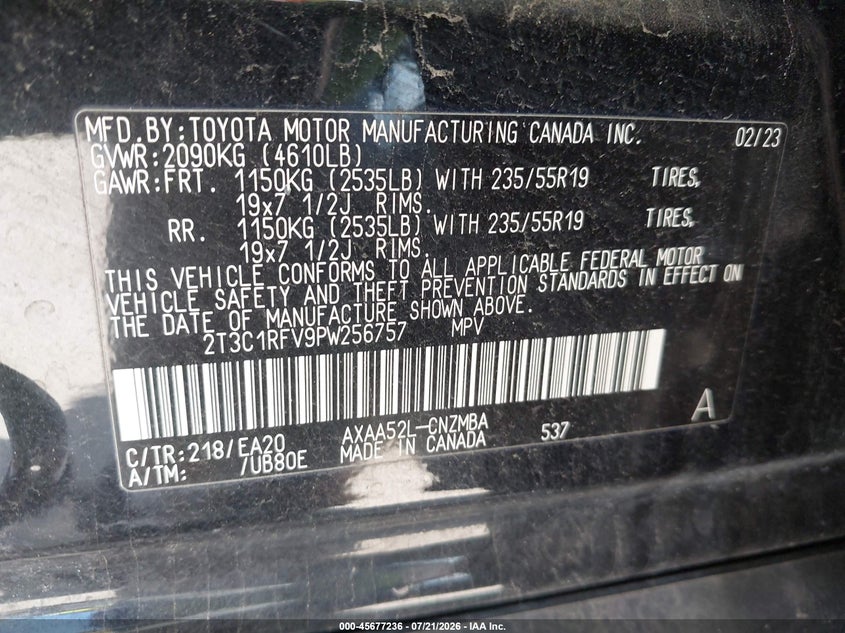 2023 Toyota Rav4 Xle Premium VIN: 2T3C1RFV9PW256757 Lot: 45677236