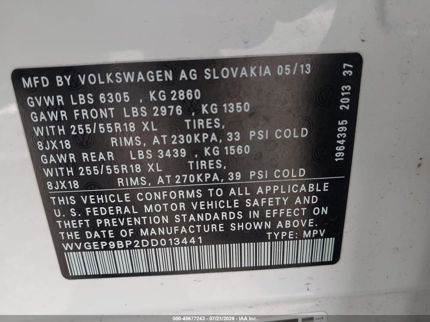 2013 Volkswagen Touareg Tdi Sport VIN: WVGEP9BP2DD013441 Lot: 45677243
