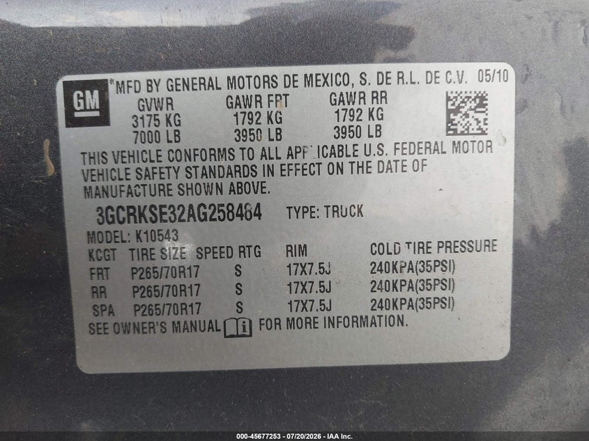 2010 Chevrolet Silverado 1500 Lt VIN: 3GCRKSE32AG258484 Lot: 45677253