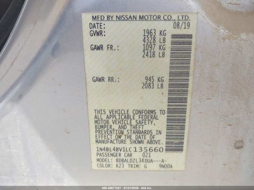 2020 Nissan Altima S Fwd VIN: 1N4BL4BV1LC135660 Lot: 45677257