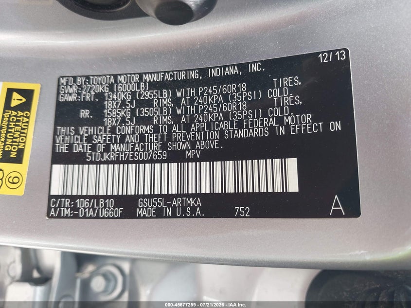 2014 Toyota Highlander Xle V6 VIN: 5TDJKRFH7ES007659 Lot: 45677259