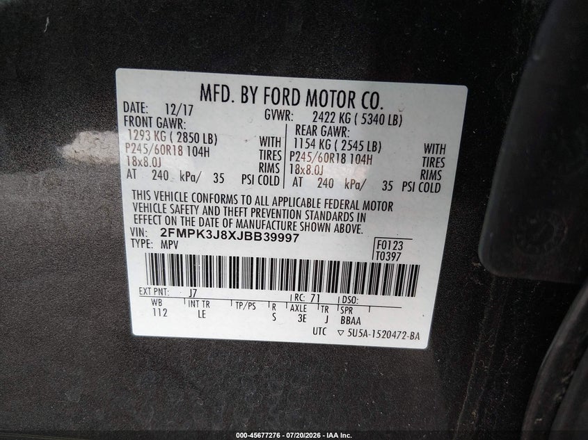 2018 Ford Edge Sel VIN: 2FMPK3J8XJBB39997 Lot: 45677276