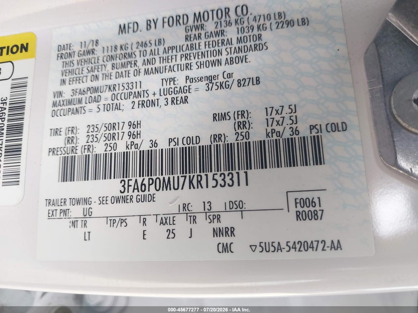 2019 Ford Fusion Hybrid Sel VIN: 3FA6P0MU7KR153311 Lot: 45677277