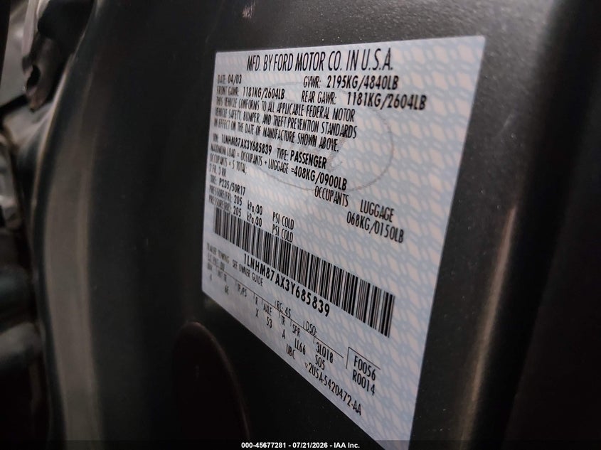 2003 Lincoln Ls V8 VIN: 1LNHM87AX3Y685839 Lot: 45677281