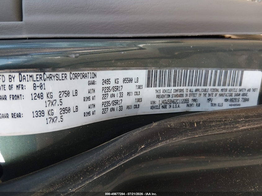 2002 Jeep Grand Cherokee Limited VIN: 1J4GW58N62C112355 Lot: 45677284