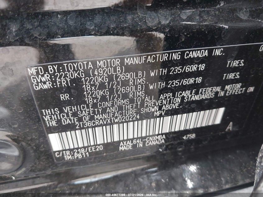 2026 Toyota Rav4 Xle Premium VIN: 2T36CRAVXTW020224 Lot: 45677286