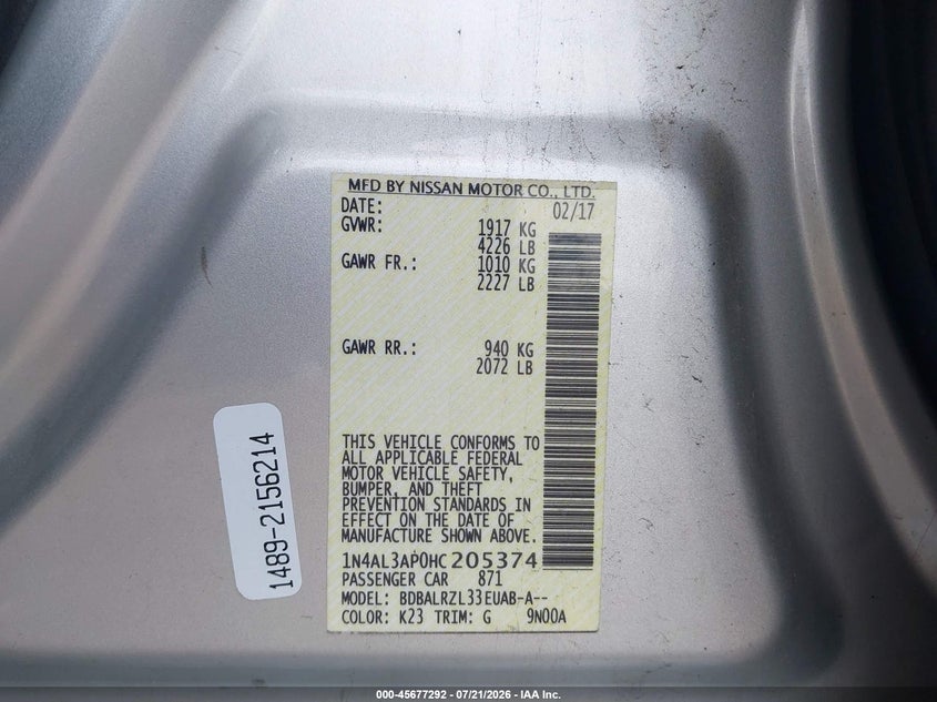 2017 Nissan Altima 2.5 Sl VIN: 1N4AL3AP0HC205374 Lot: 45677292