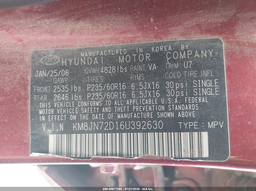 2006 Hyundai Tucson Gls/Limited VIN: KM8JN72D16U392630 Lot: 45677294
