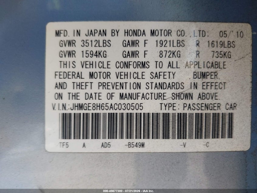 2010 Honda Fit Sport VIN: JHMGE8H65AC030505 Lot: 45677300