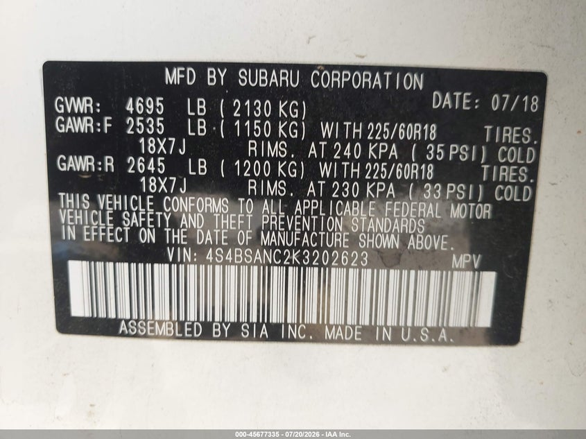 2019 Subaru Outback 2.5I Limited VIN: 4S4BSANC2K3202623 Lot: 45677335