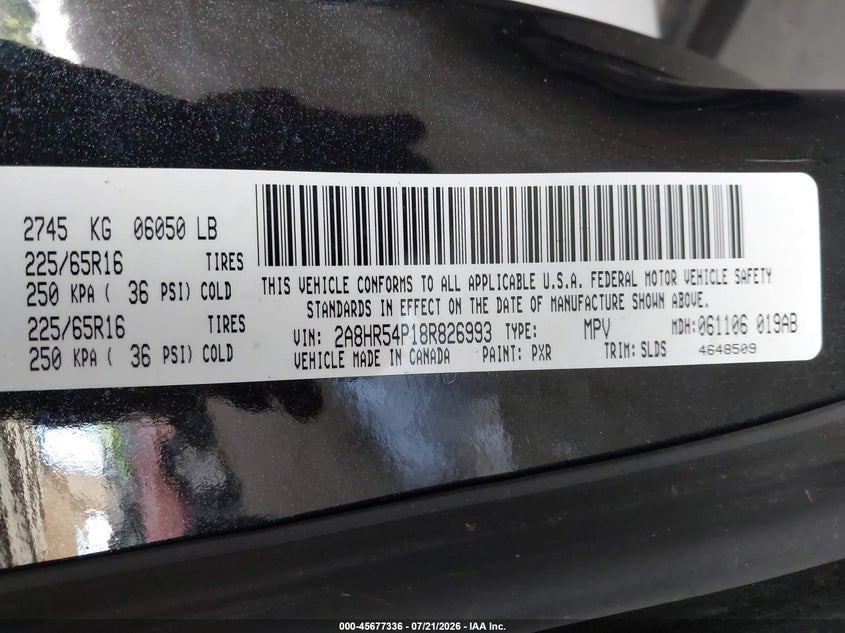 2008 Chrysler Town & Country Touring VIN: 2A8HR54P18R826993 Lot: 45677336