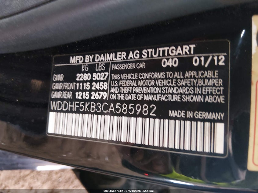 2012 Mercedes E 350 VIN: WDD8F5KB3CA585982 Lot: 45677342