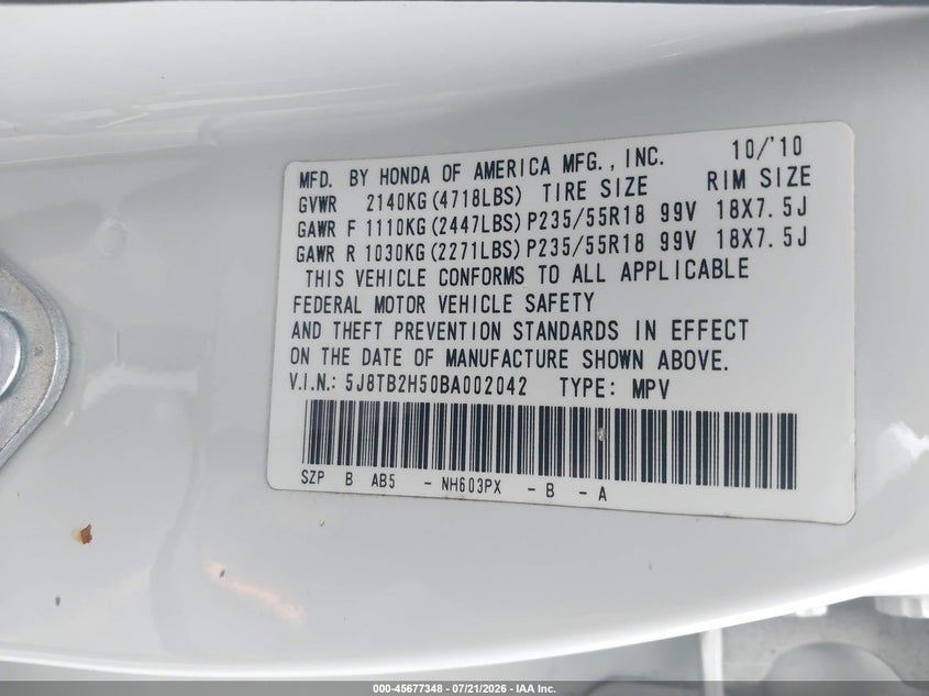 2011 Acura Rdx VIN: 5J8TB2H50BA002042 Lot: 45677348