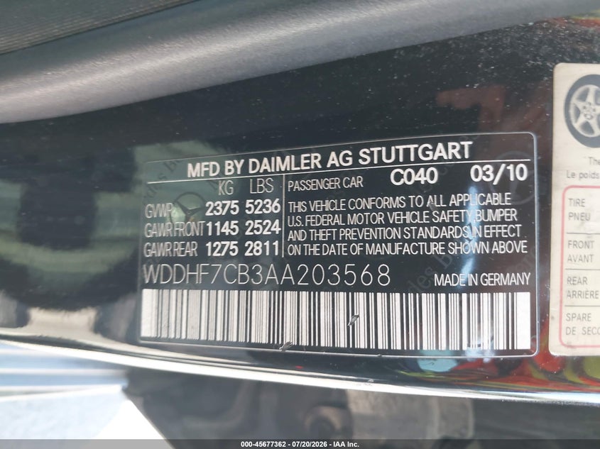 2010 Mercedes-Benz E 550 VIN: WDDHF7CB3AA203568 Lot: 45677362