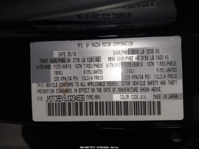 2018 Mazda Cx-9 Sport VIN: JM3TCBBY8J0234639 Lot: 45677373